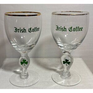 Set Of 2 Vintage Irish Coffee Glasses With Gold Rim & Shamrock Design on Stem